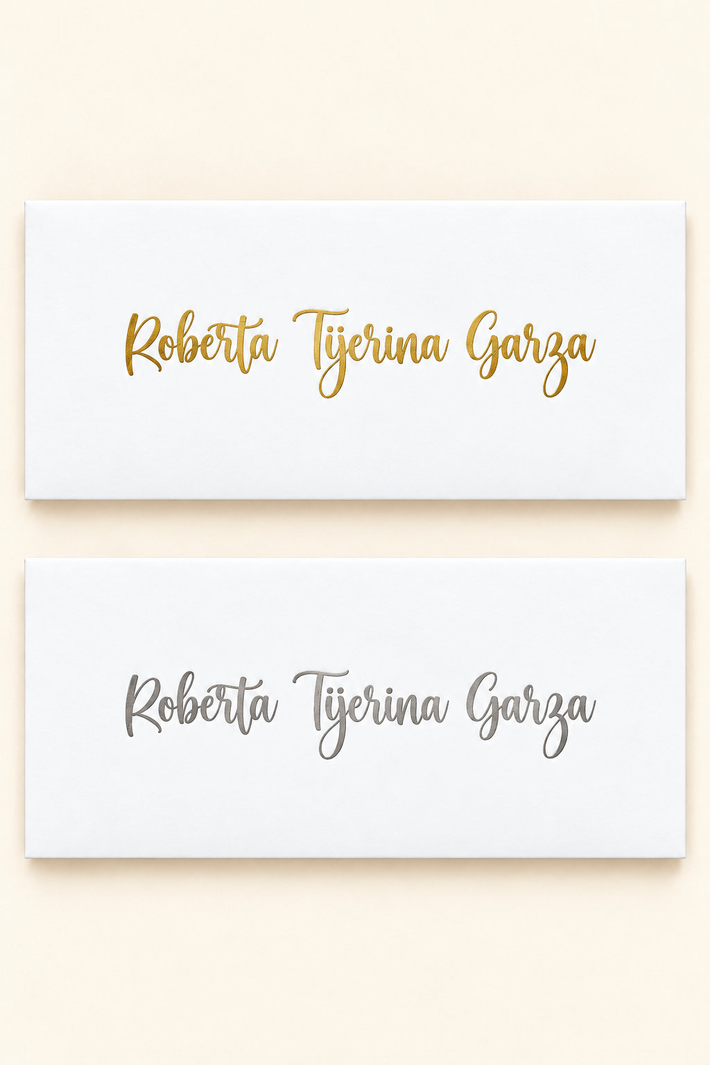 Sobres Roberta script dorado y plateado